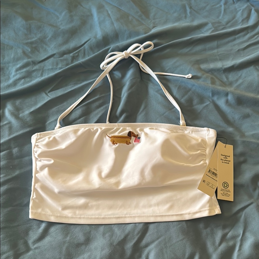 No Boundaries White Bandeau Halter Bikini Top with Dachshund Patch